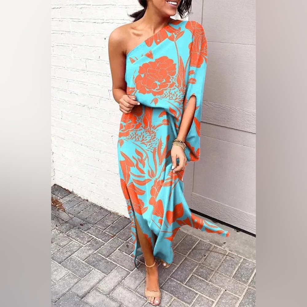 Margovil Casual One Shoulder Side Split Printed Dress